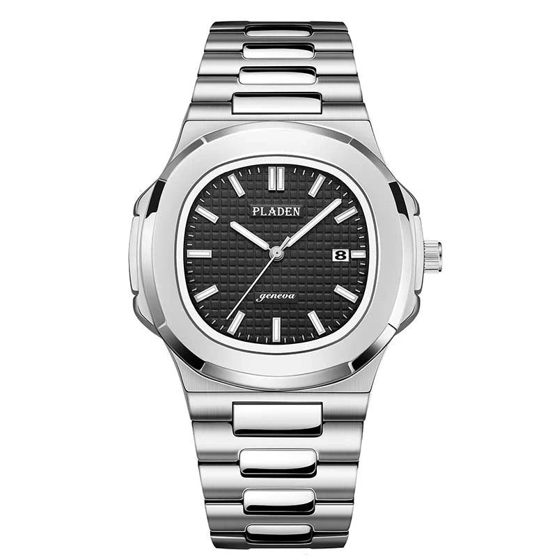 Men's waterproof quartz watch with stainless steel strap and luminous display