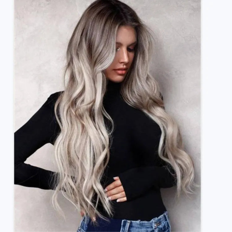Big wavy long curly hair wig in Grandma Ash colour for ladies with long bangs