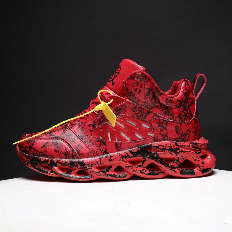 Men's camouflage high-top basketball shoe in microfiber and rubber, shown in multiple colours.