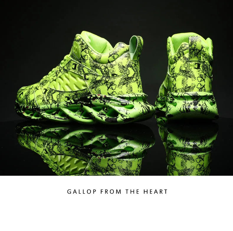 Men's camouflage high-top basketball shoe in microfiber and rubber, shown in multiple colours.