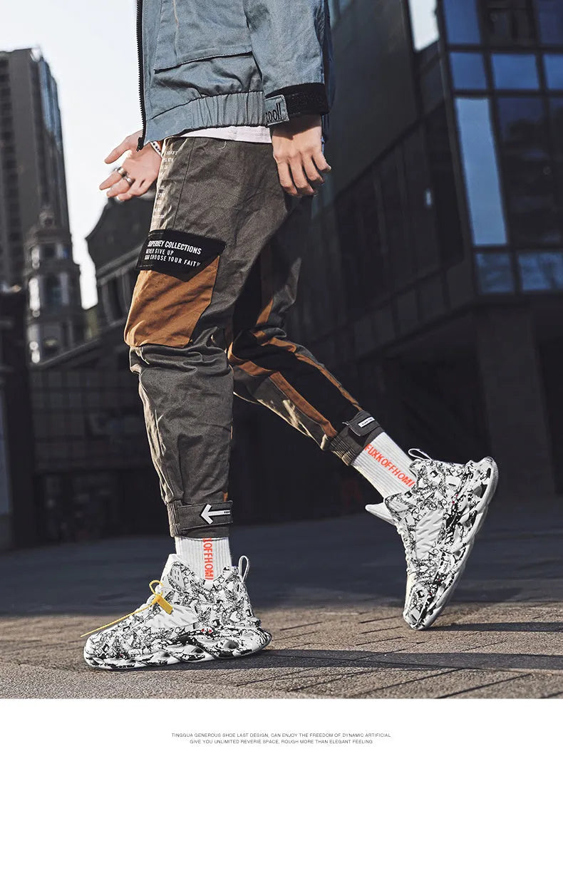 Men's camouflage high-top basketball shoe in microfiber and rubber, shown in multiple colours.