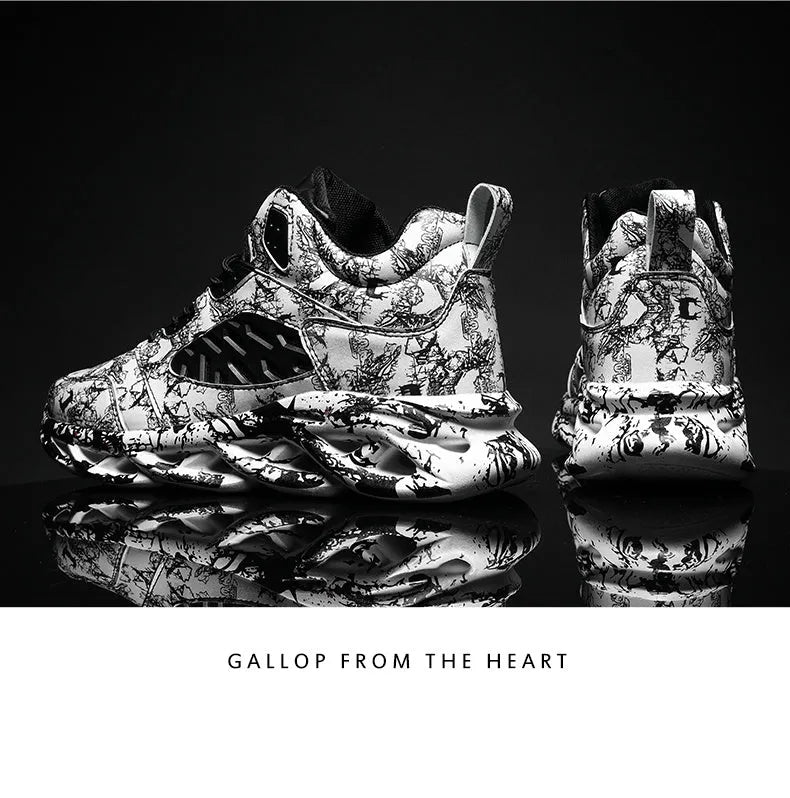 Men's camouflage high-top basketball shoe in microfiber and rubber, shown in multiple colours.