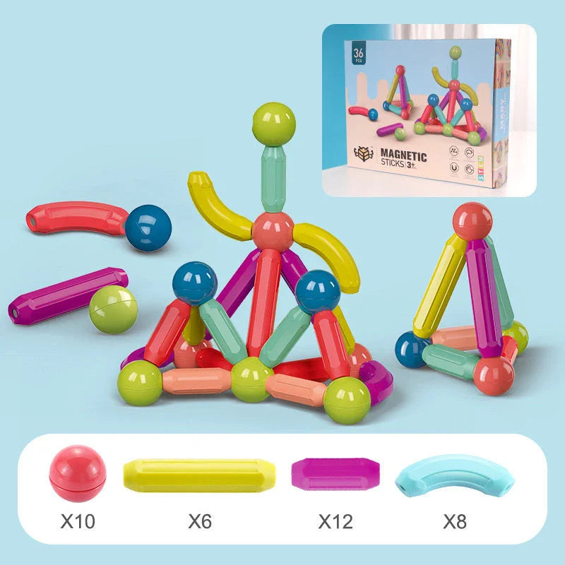 Magnetic building blocks and rods in various sizes and colors for creative play and early learning