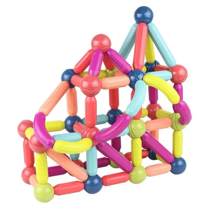 Magnetic building blocks and rods in various sizes and colors for creative play and early learning