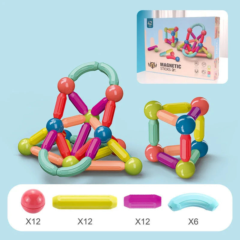 Magnetic building blocks and rods in various sizes and colors for creative play and early learning