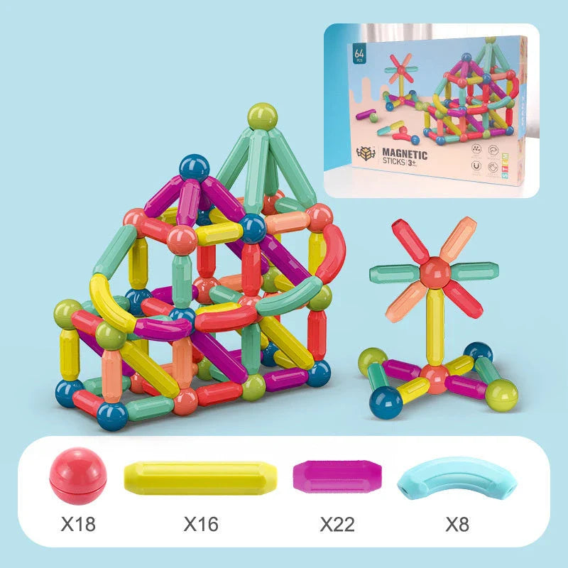 Magnetic building blocks and rods in various sizes and colors for creative play and early learning