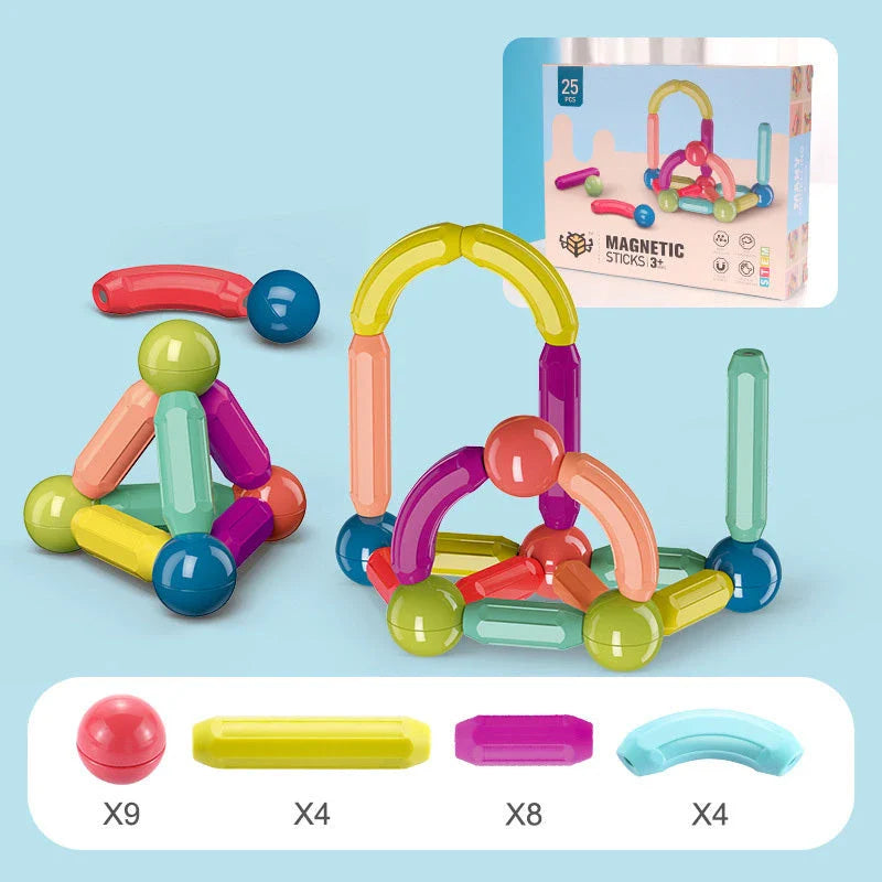 Magnetic building blocks and rods in various sizes and colors for creative play and early learning