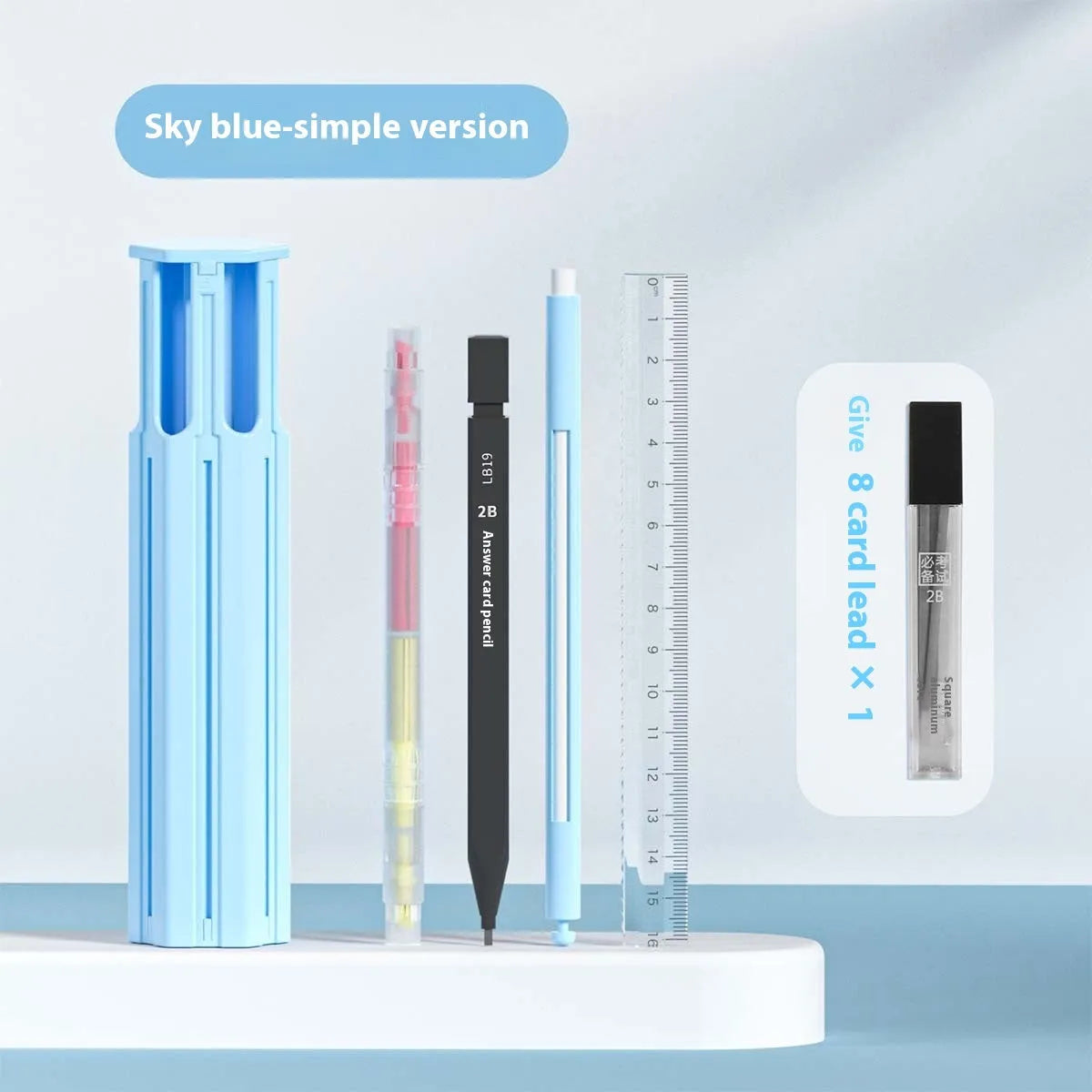 Plastic pencil box kit with six pens organised in portable case