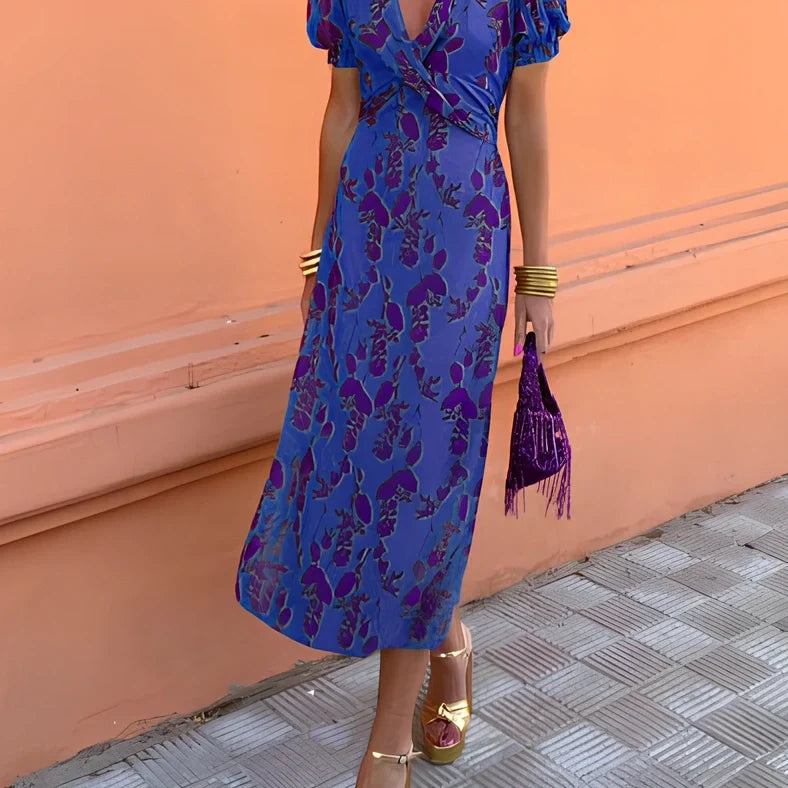 Green floral print V-neck short-sleeved polyester dress, mid-length one-step skirt, sizes S-3XL for women