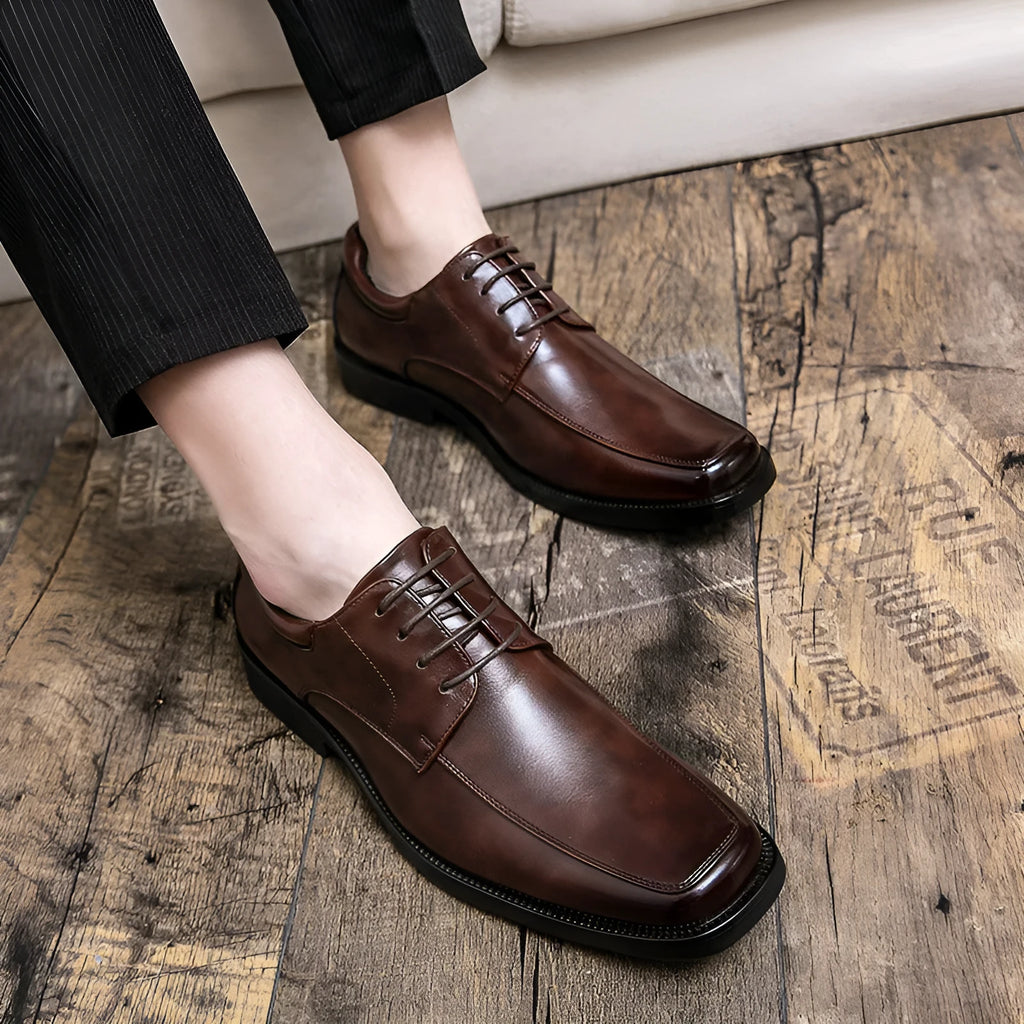 Men's black square toe business casual shoes with low-top artificial PU upper and rubber sole