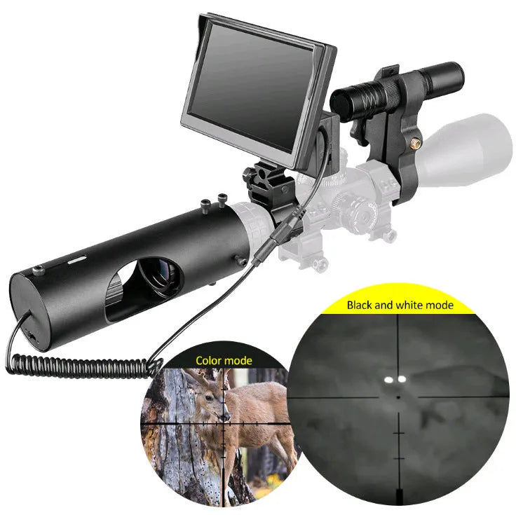 Black digital night vision goggles with 5-inch LCD display and infrared transmitter for low-light observation