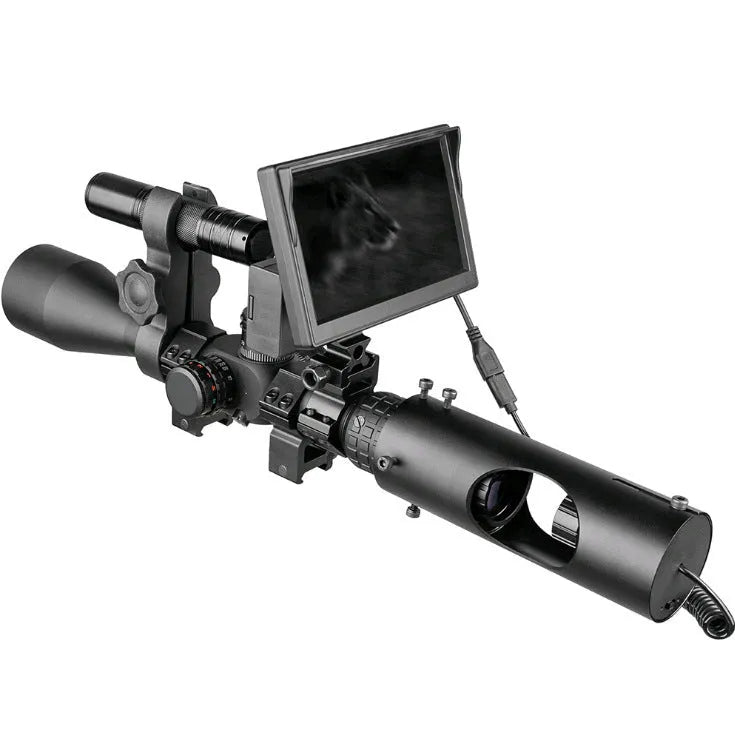 Black digital night vision goggles with 5-inch LCD display and infrared transmitter for low-light observation