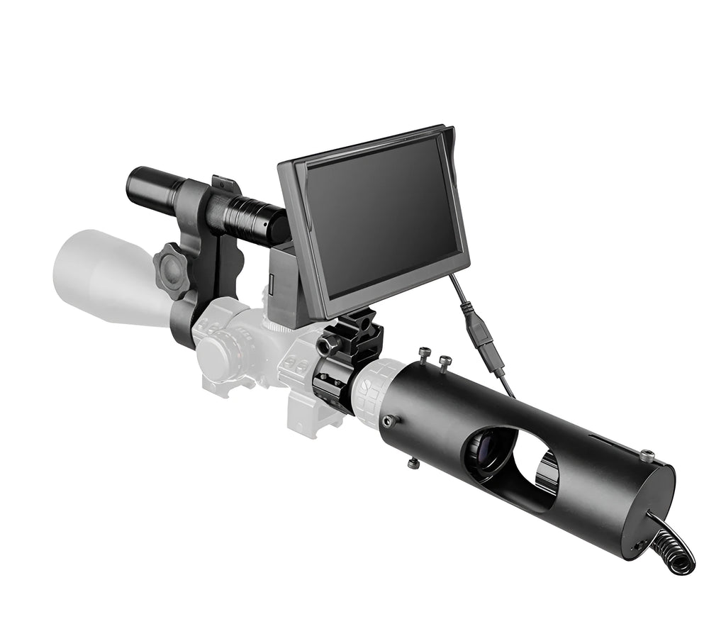 Black digital night vision goggles with 5-inch LCD display and infrared transmitter for low-light observation