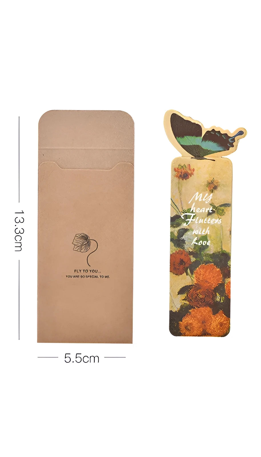 Butterfly paper bookmark with random colours measuring 13.5cm by 5.5cm