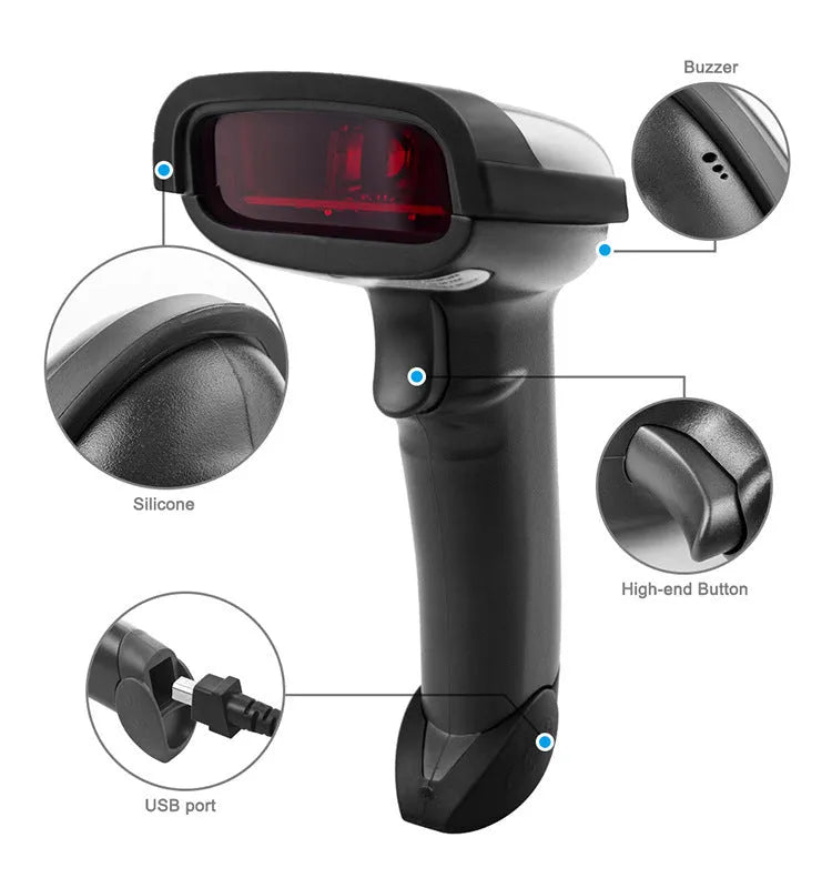Black wireless handheld barcode scanner with USB connection cable