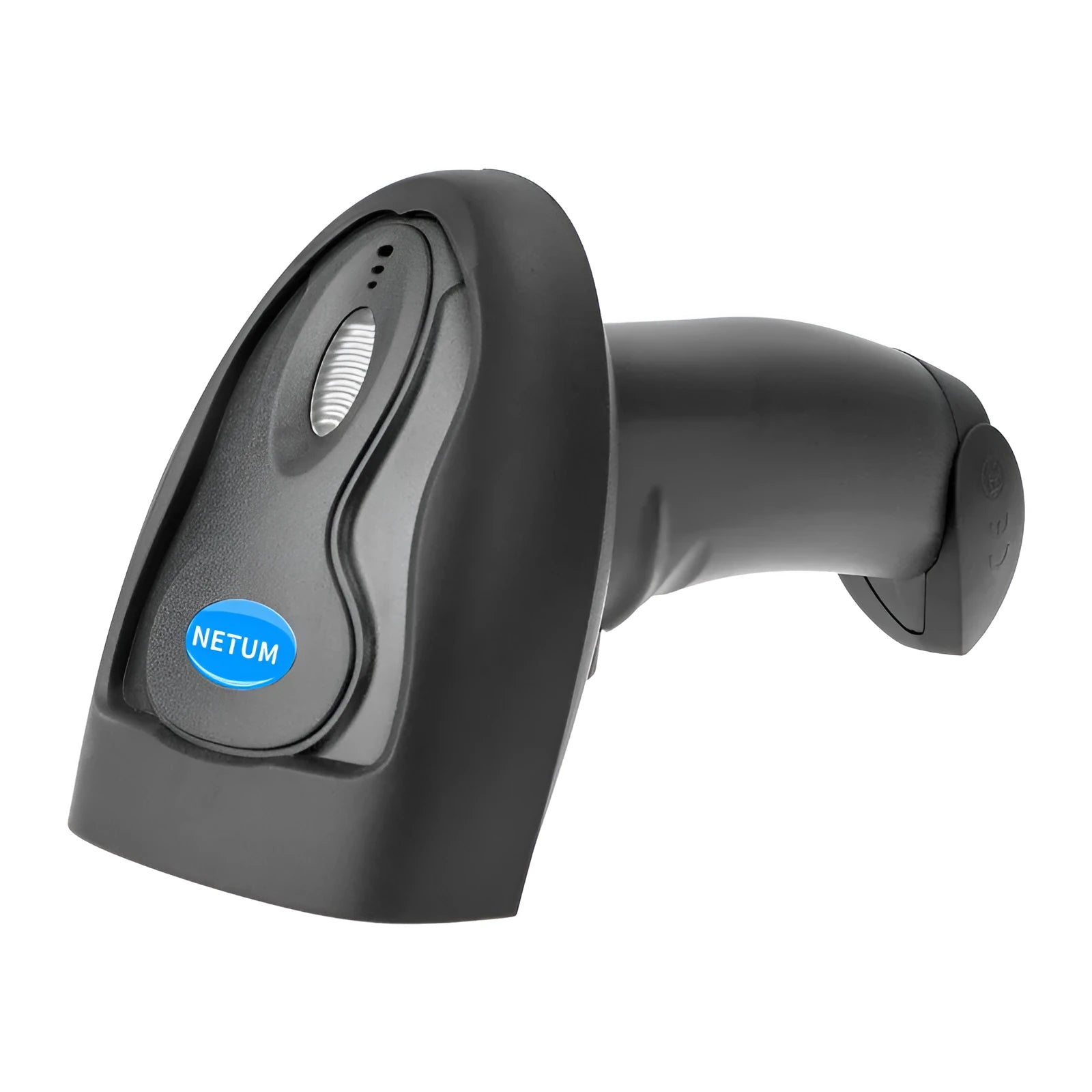 Black wireless handheld barcode scanner with USB connection cable