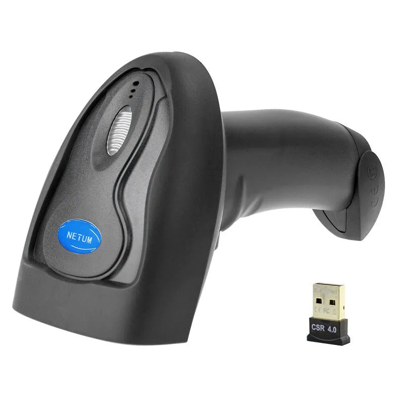 Black wireless handheld barcode scanner with USB connection cable