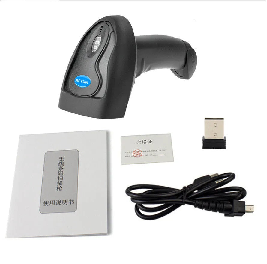 Black wireless handheld barcode scanner with USB connection cable