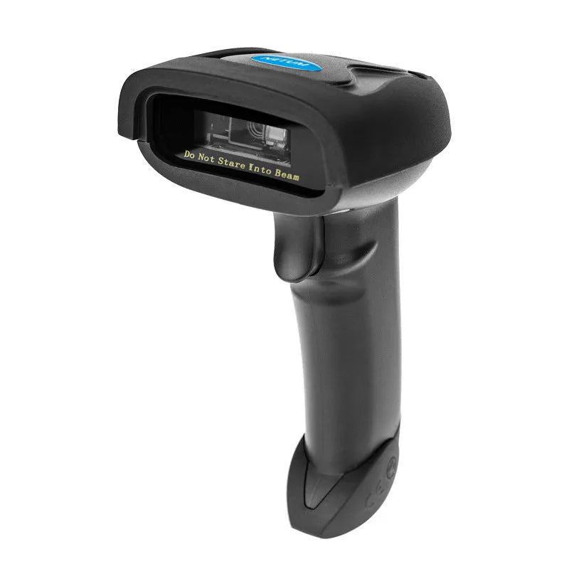 Black wireless handheld barcode scanner with USB connection cable