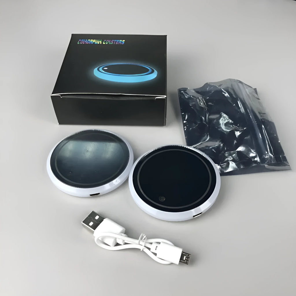 LED luminous acrylic water coaster 68mm diameter with five colour style options on a table