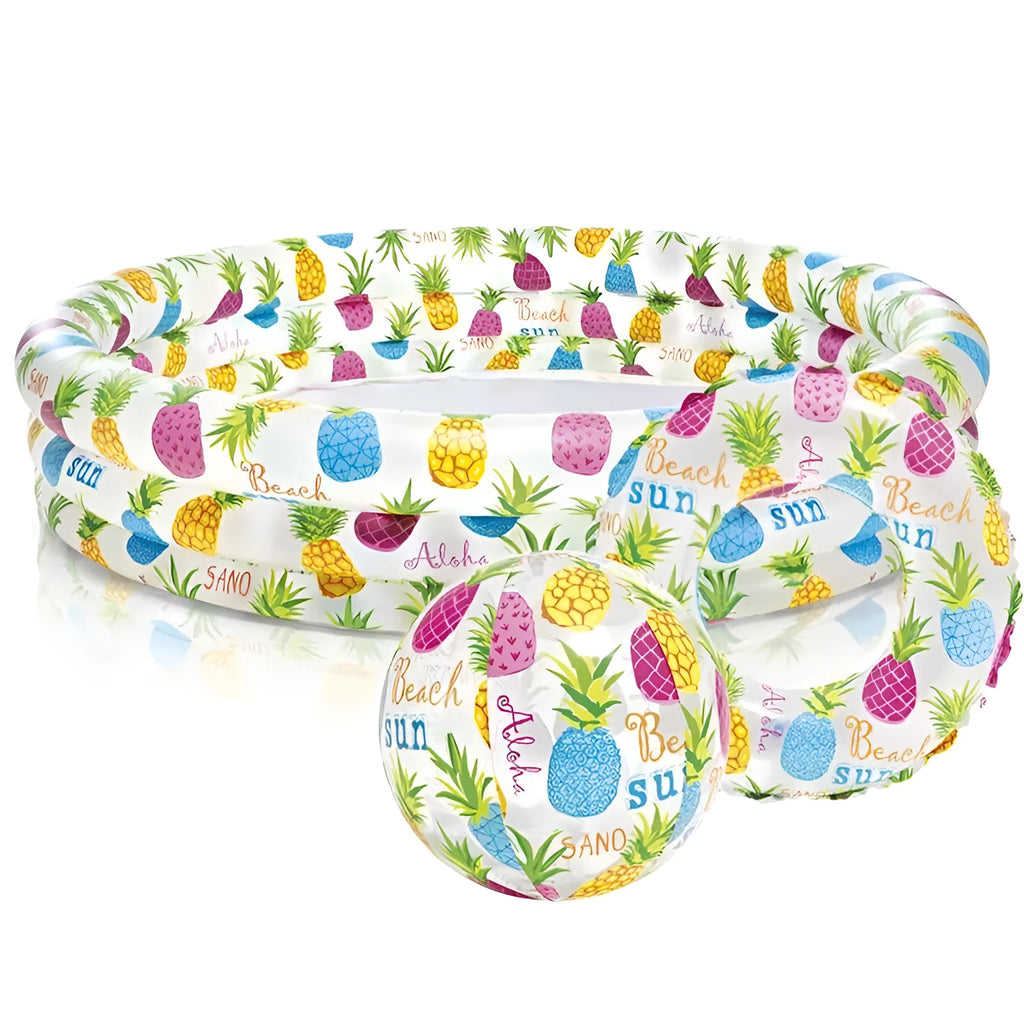 Inflatable round PVC children's pool 132cm with ocean balls and swimming ring, multi-colour design for toddlers 3-6