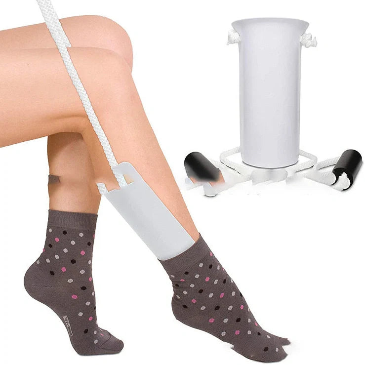 White plastic sock aid with black EVA handle for putting on socks without stretching