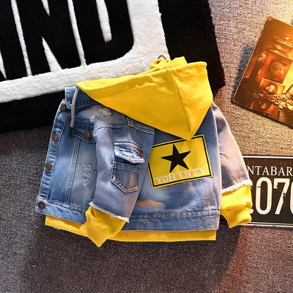 Boys' red denim jacket with yellow variant option, rabbit fur trim on collar and cuffs, sized 100-140 for 90-130cm heights