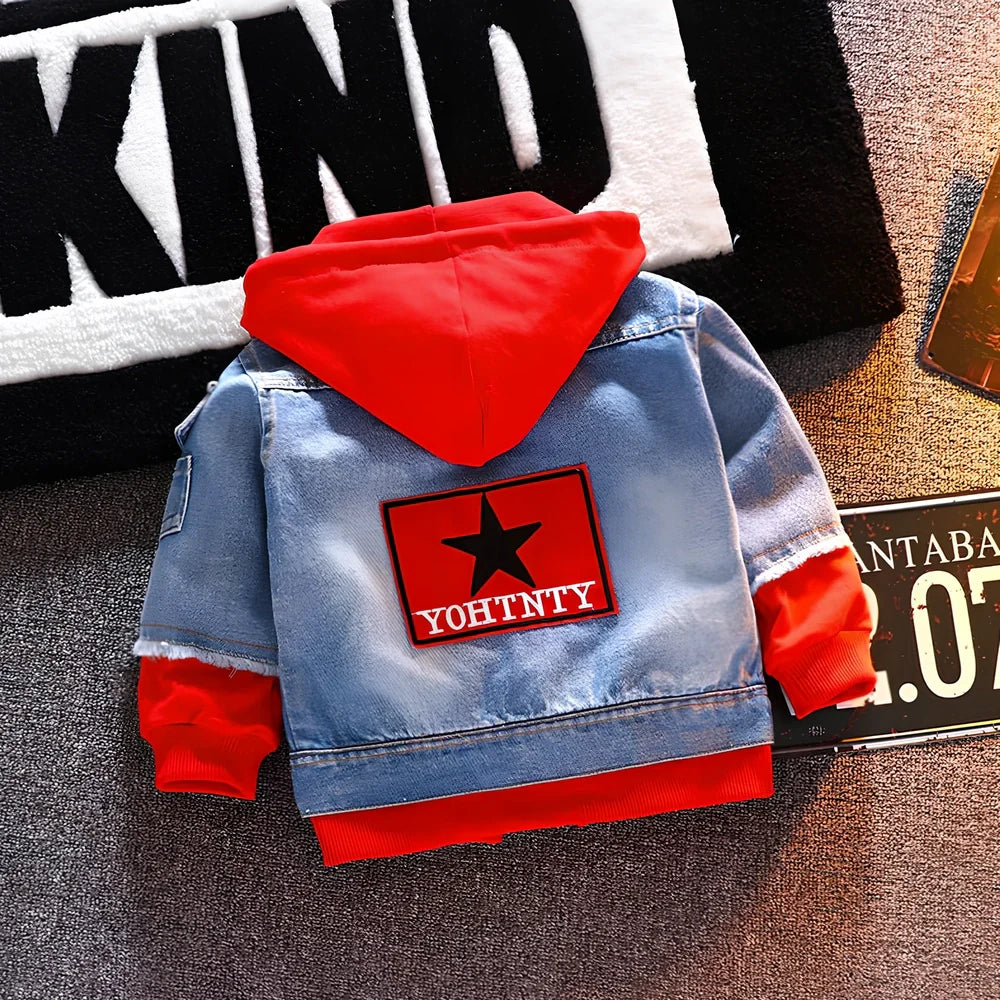 Boys' red denim jacket with yellow variant option, rabbit fur trim on collar and cuffs, sized 100-140 for 90-130cm heights