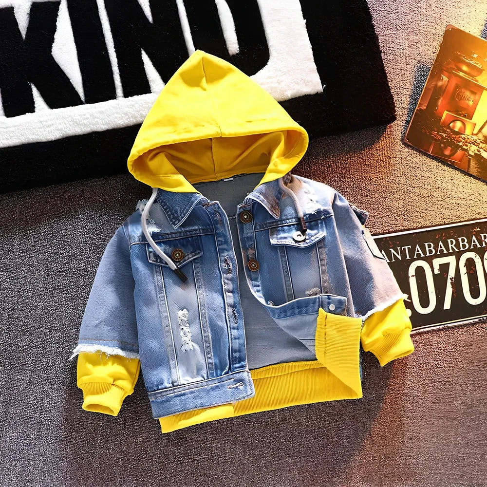 Boys' red denim jacket with yellow variant option, rabbit fur trim on collar and cuffs, sized 100-140 for 90-130cm heights
