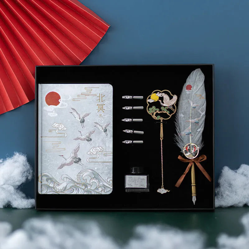 Chinese style feather pen and notebook gift set with metal sheath, showing pens in four colour themes.