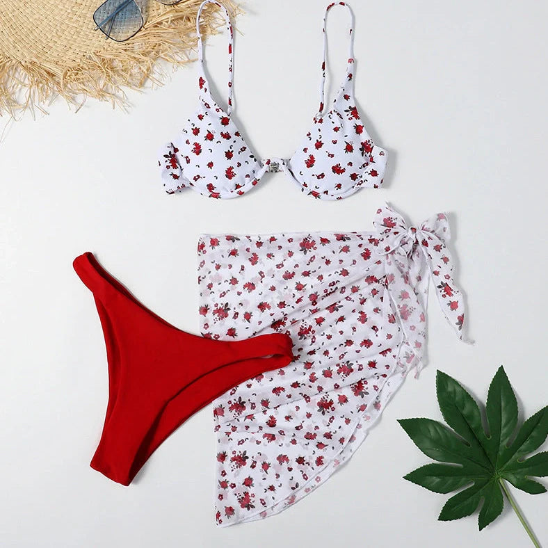 Women's leopard print three-piece swimsuit with adjustable chest support options