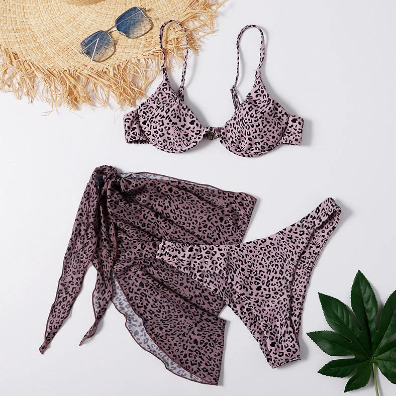 Women's leopard print three-piece swimsuit with adjustable chest support options