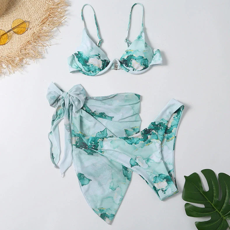 Women's leopard print three-piece swimsuit with adjustable chest support options