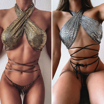 Silver snake print strappy bikini swimsuit with open back design and adjustable straps