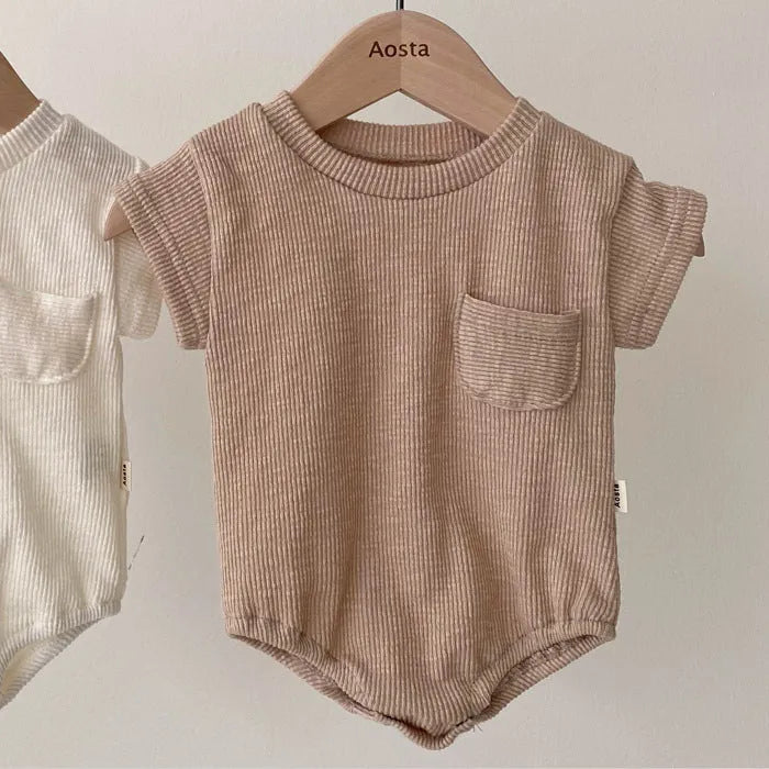 Baby romper summer cotton short sleeve solid colour pullover with triangle bag fart detail, loose fit, beige colour