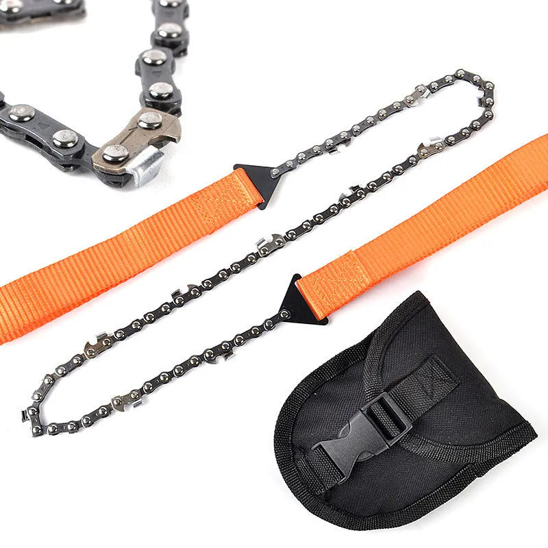 Manganese steel manual wire saw with black portable handle on natural ground