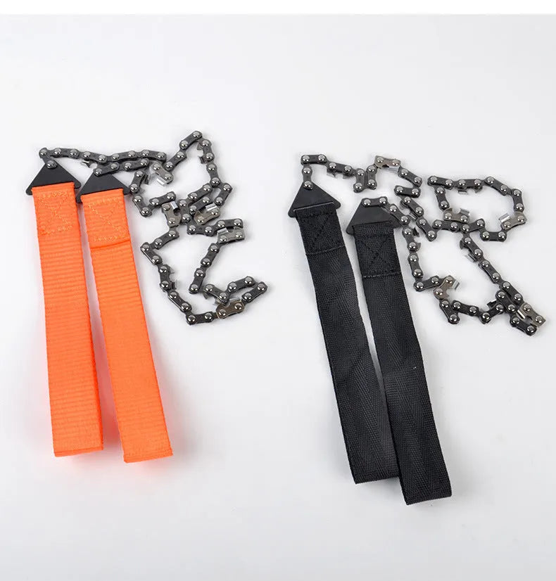 Manganese steel manual wire saw with black portable handle on natural ground