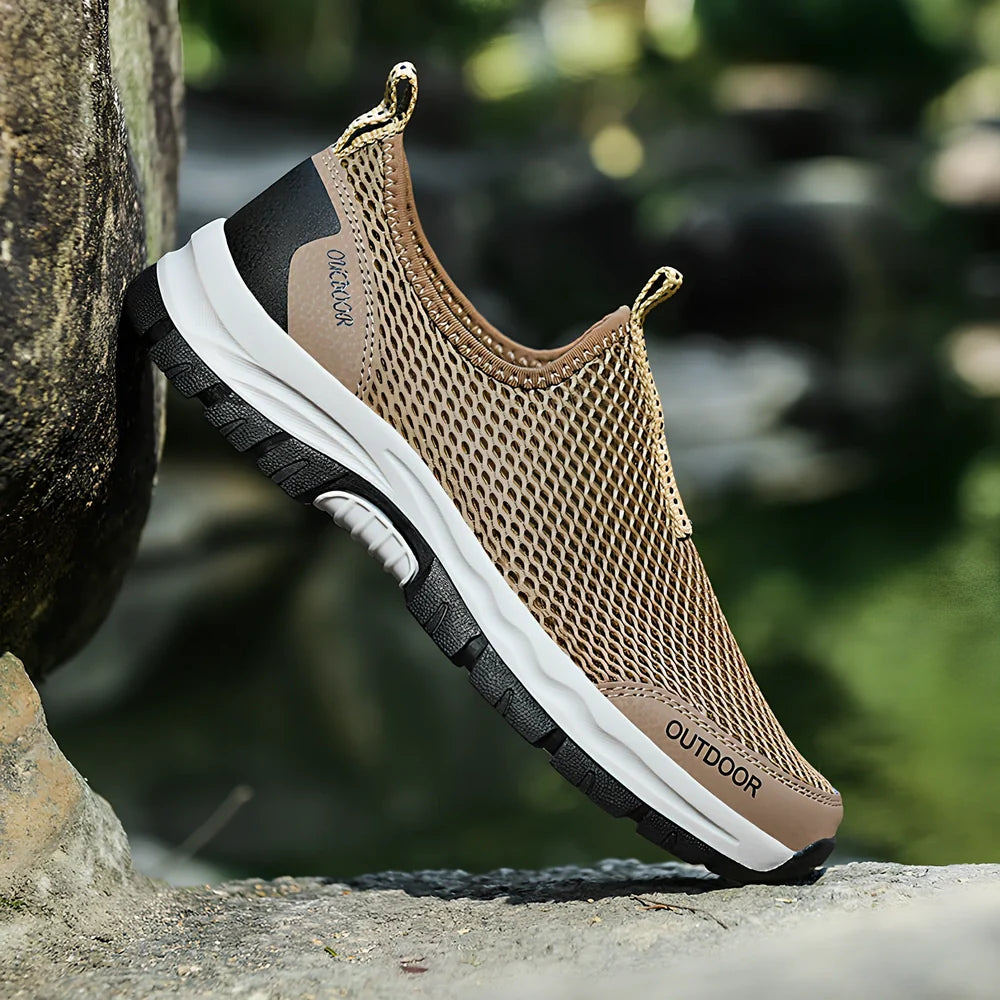 Men's breathable hollow mesh slip-on casual shoes with ventilation openings and TPR sole