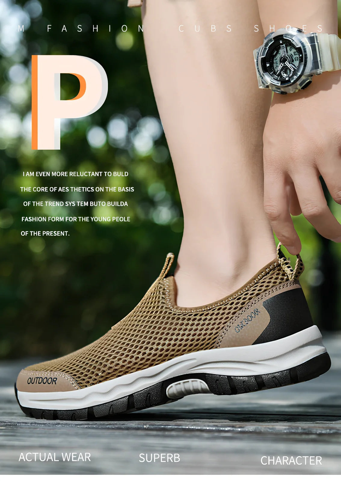 Men's breathable hollow mesh slip-on casual shoes with ventilation openings and TPR sole