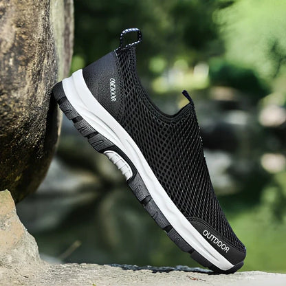 Men's breathable hollow mesh slip-on casual shoes with ventilation openings and TPR sole
