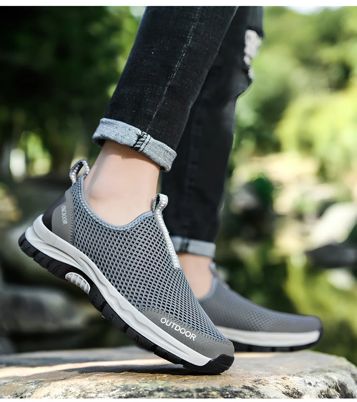 Men's breathable hollow mesh slip-on casual shoes with ventilation openings and TPR sole