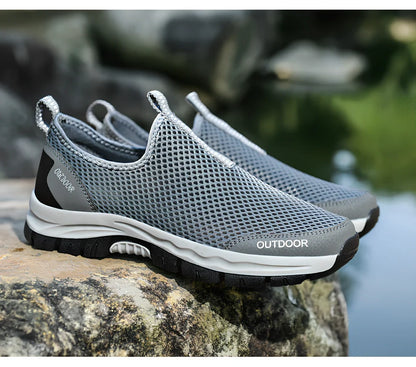 Men's breathable hollow mesh slip-on casual shoes with ventilation openings and TPR sole