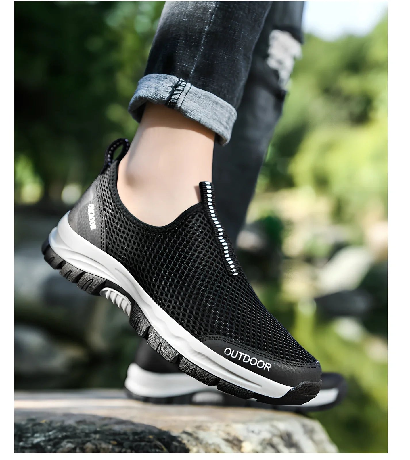 Men's breathable hollow mesh slip-on casual shoes with ventilation openings and TPR sole
