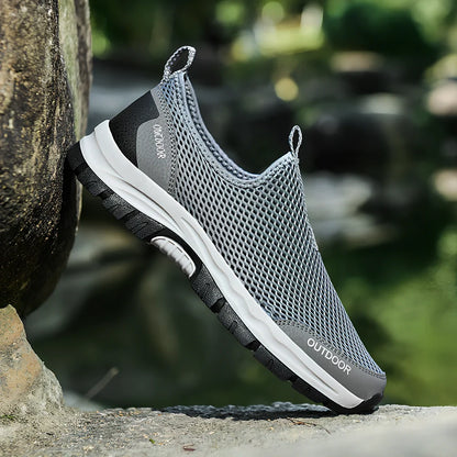 Men's breathable hollow mesh slip-on casual shoes with ventilation openings and TPR sole