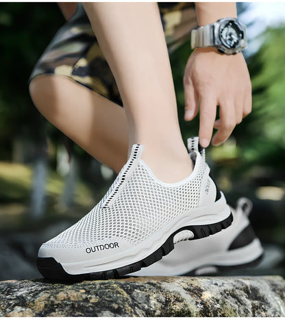 Men's breathable hollow mesh slip-on casual shoes with ventilation openings and TPR sole