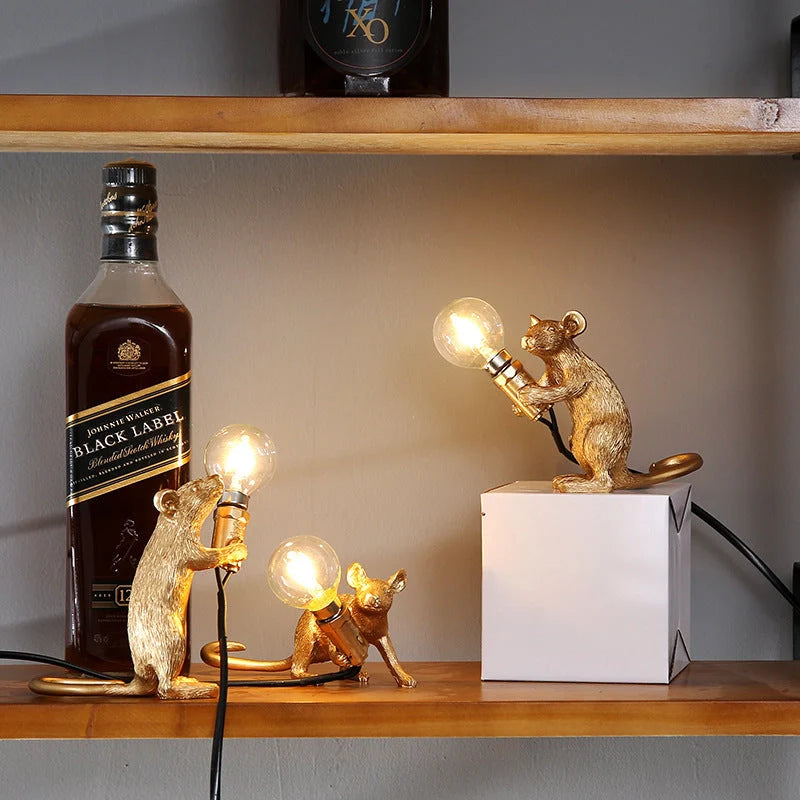 Nordic Creative Resin Mini Animal Mouse Light in golden or white, perfect for bedside tables