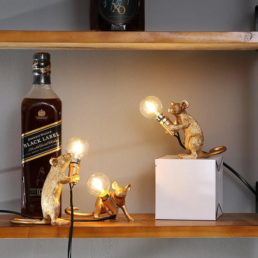 Nordic Creative Resin Mini Animal Mouse Light in golden or white, perfect for bedside tables
