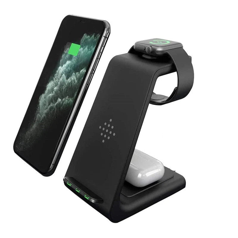 3-in-1 wireless charging stand for iPhone12, iWatch6, and AirPods in black and white