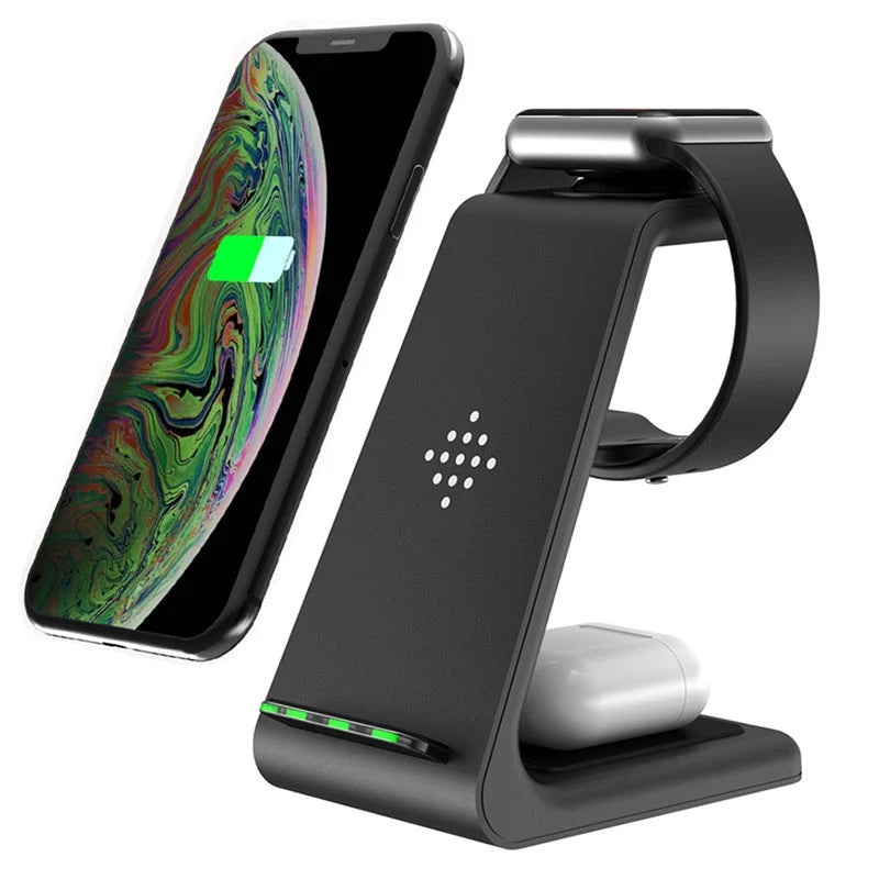 3-in-1 wireless charging stand for iPhone12, iWatch6, and AirPods in black and white