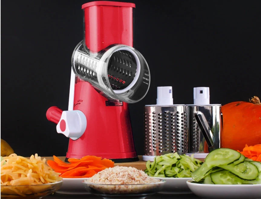 Round mandoline slicer with three stainless steel blades for versatile kitchen prep